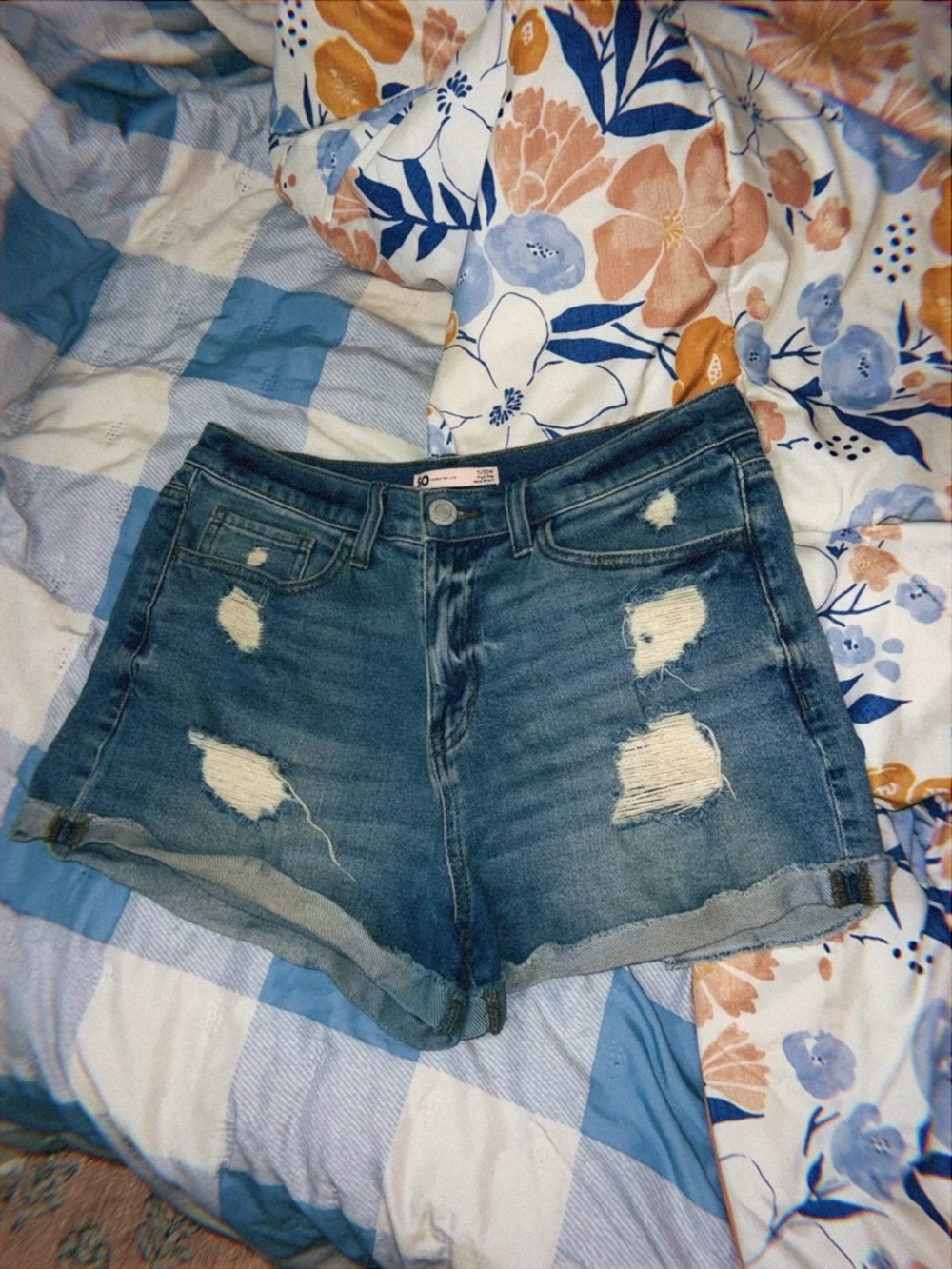 SO Distressed Denim Shorts in Medium Blue Wash